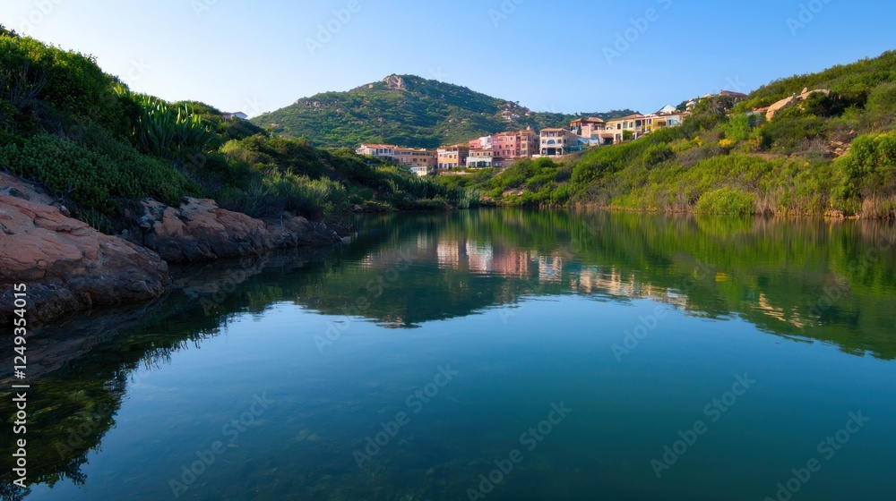 Serene lake reflecting hillside homes under clear blue sky in a tranquil environment Serene lake reflecting hillside homes under clear blue sky in a tranquil environment