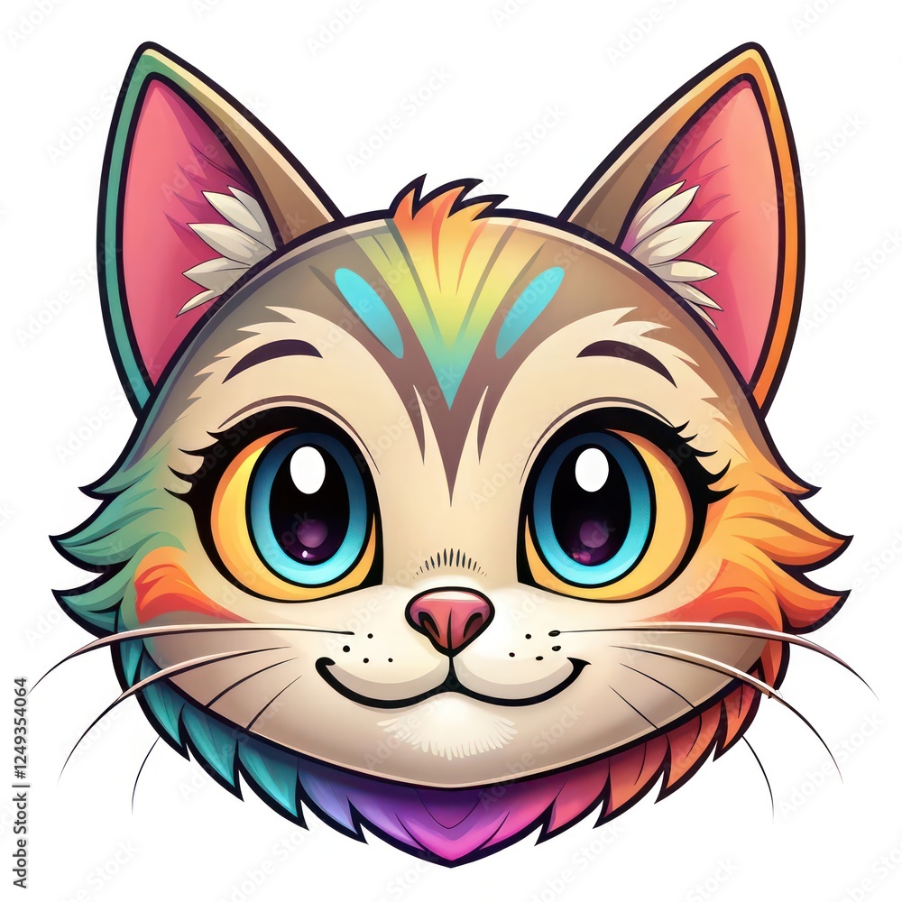Fototapeta premium Cartoon Cat with Large, Expressive Eyes and Multicolored Fur