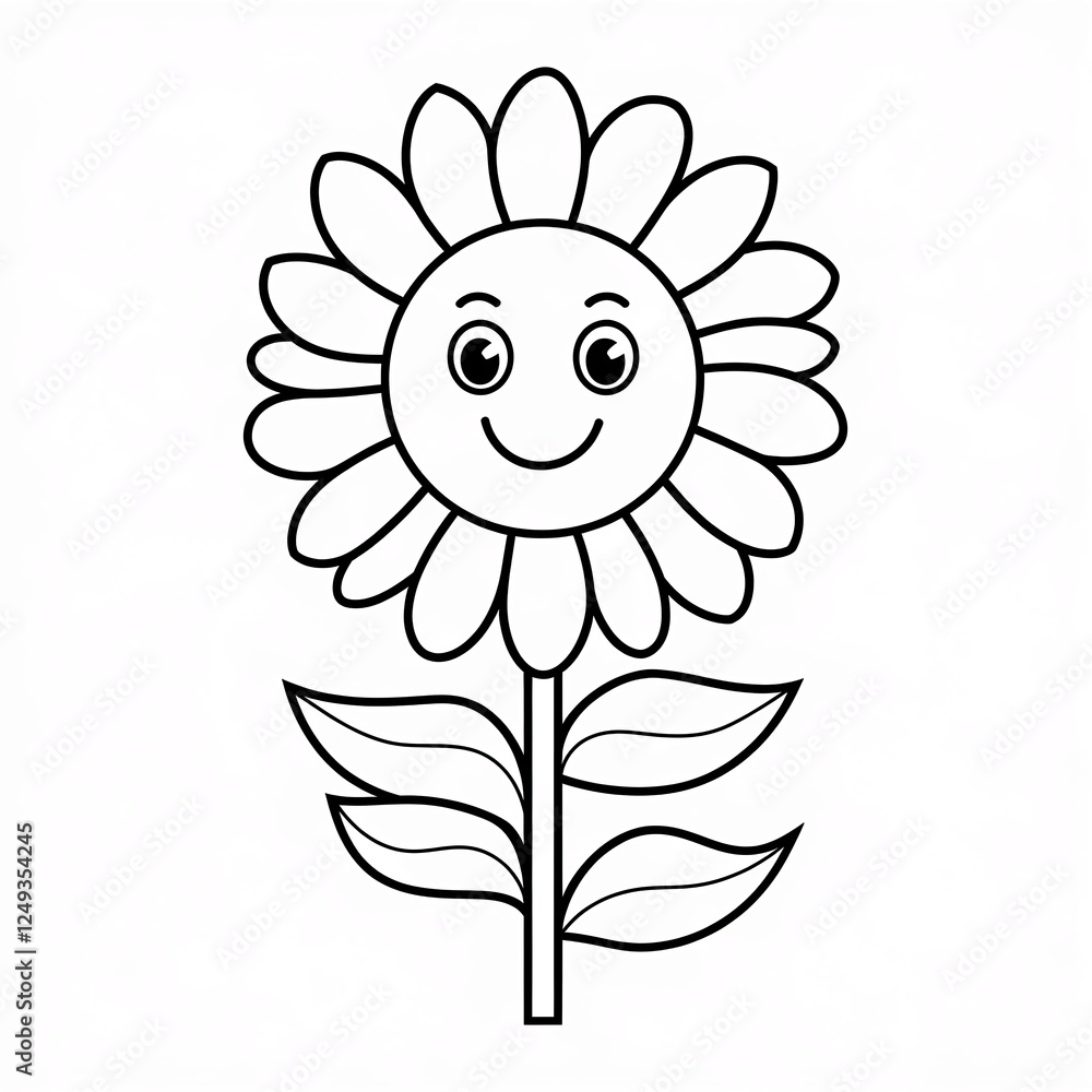A cheerful black and white illustration of a smiling sunflower, with large, rounded petals and a happy face, symbolizing positivity, growth, and nature's beauty. Coloring book page A cheerful black and white illustration of a smiling sunflower, with large, rounded petals and a happy face, symbolizing positivity, growth, and nature's beauty. Coloring book page
