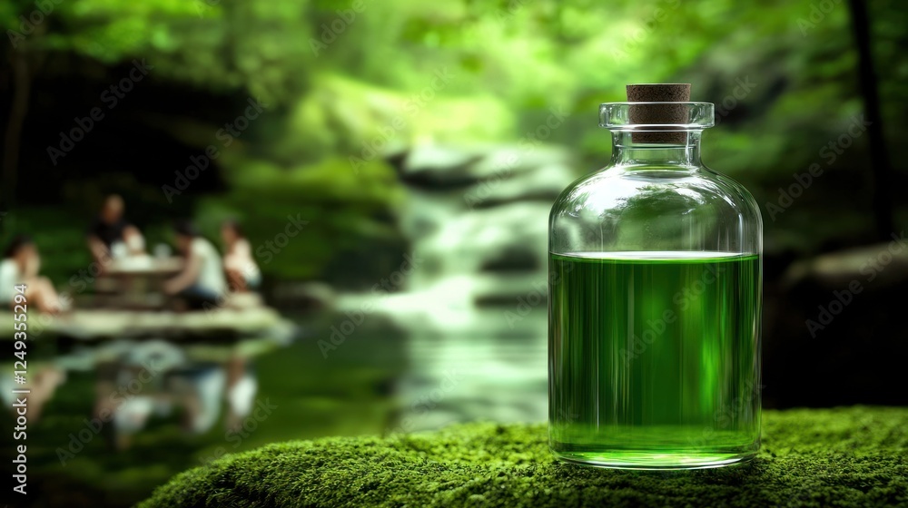 Glass bottle with green liquid in a lush forest setting, people enjoying nature in the background Glass bottle with green liquid in a lush forest setting, people enjoying nature in the background
