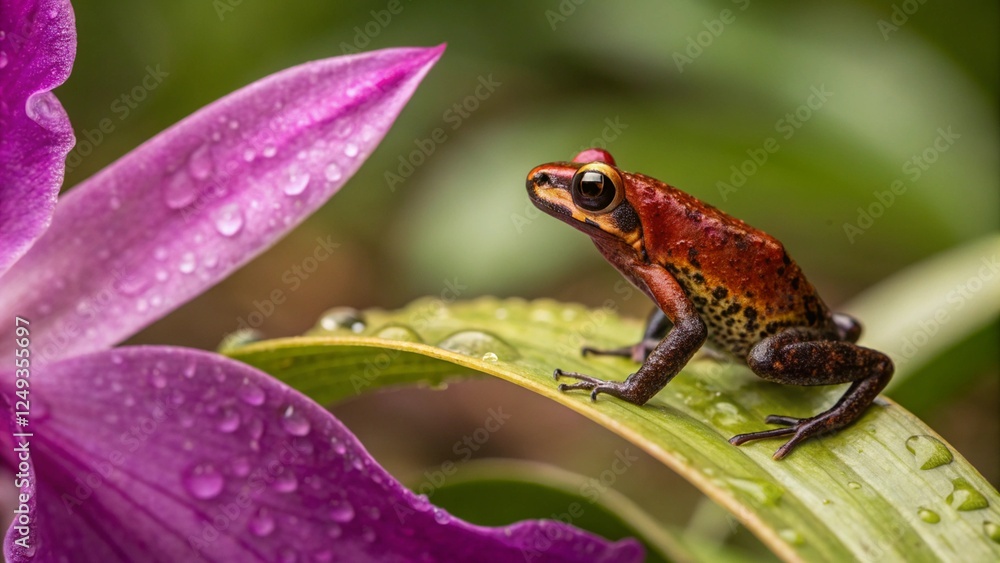 Obraz premium Red frog on leaf near purple flower