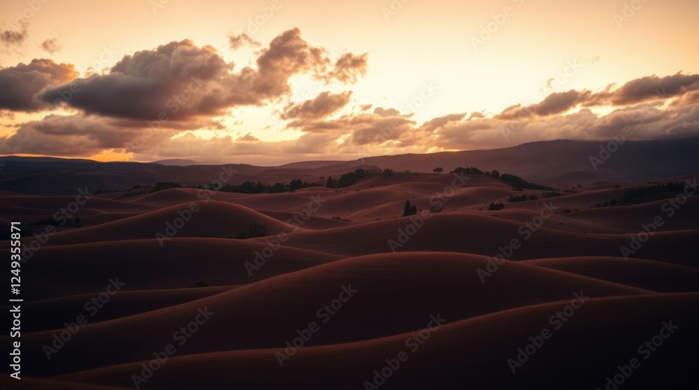 Naklejka premium Rolling Hill Landscape at Sunset with Warm Light and Cloudy Sky
