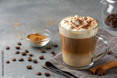 Creamy Latte with Cinnamon and Coffee Beans photo