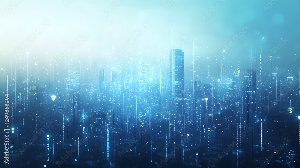 Futuristic City Skyline with Digital Network Overlay Futuristic City Skyline with Digital Network Overlay