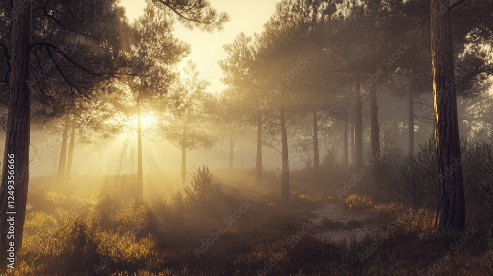 Sun rays pierce misty pine forest at dawn, landscape Sun rays pierce misty pine forest at dawn, landscape