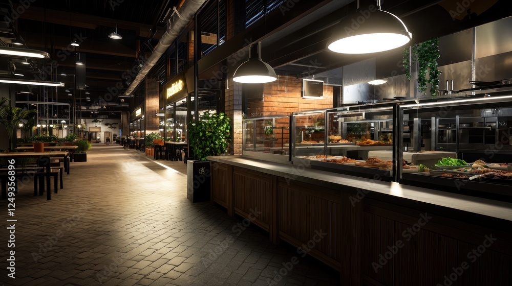 Modern food court interior featuring diverse dining options and vibrant atmosphere with greenery Modern food court interior featuring diverse dining options and vibrant atmosphere with greenery