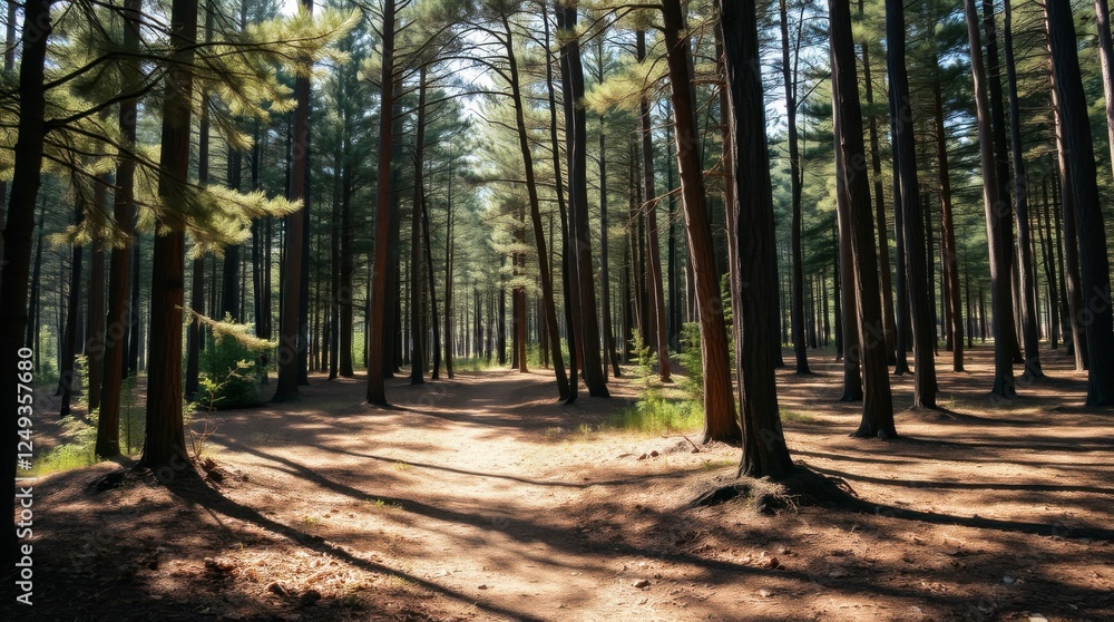 Walking Through Sunny Forest Path with Tall Trees and Shadow Walking Through Sunny Forest Path with Tall Trees and Shadow