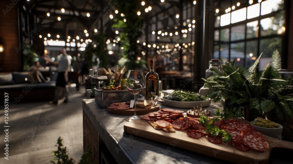 Elegant dining setting with gourmet dishes and greenery in a lively restaurant atmosphere Elegant dining setting with gourmet dishes and greenery in a lively restaurant atmosphere