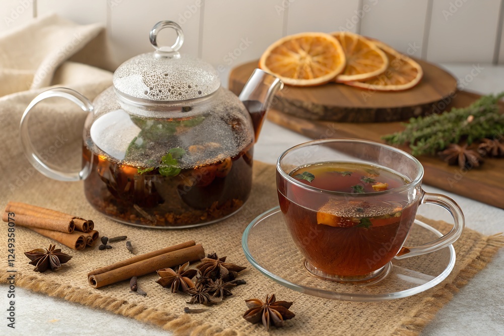 Cozy Herbal Tea Setup with Steaming Teapot Cozy Herbal Tea Setup with Steaming Teapot