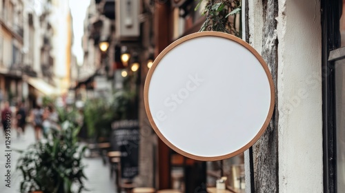 Close-up of a blank, white, circular wooden sign hanging on the wall, a mockup template for a cafe or restaurant in a city street