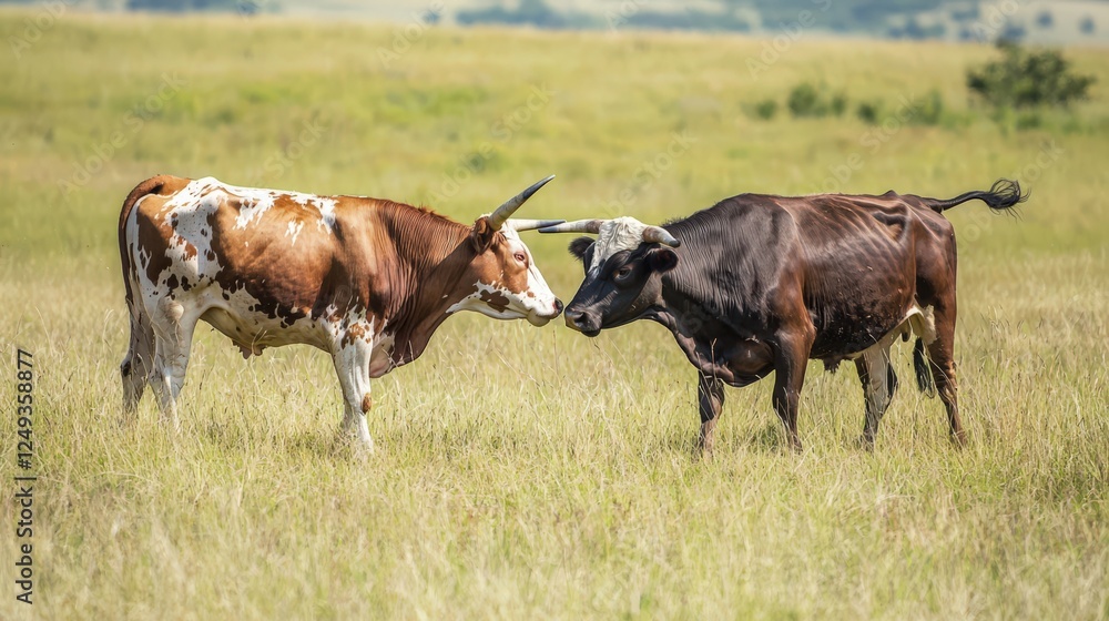 Two cows are standing in a field, one of which has horns Two cows are standing in a field, one of which has horns