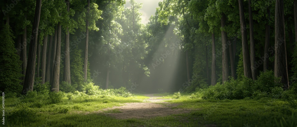 Fototapeta premium Tranquil forest scene with tall trees and sunlight