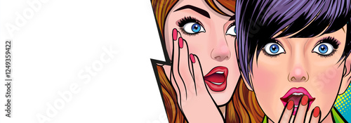 Woman whispering gossip or secret to her friend surprise In Retro Vintage Pop Art Comic