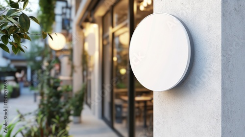 Close-up of a blank, white, circular wooden sign hanging on the wall, a mockup template for a cafe or restaurant in a city street