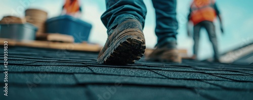Skilled roofer attaching asphalt shingles to a sloped roof, with a construction team organizing supplies in the background
