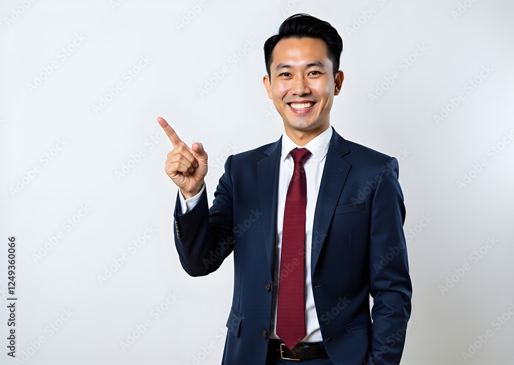 Adult Businessman wearing suit pointing finger on white background.
