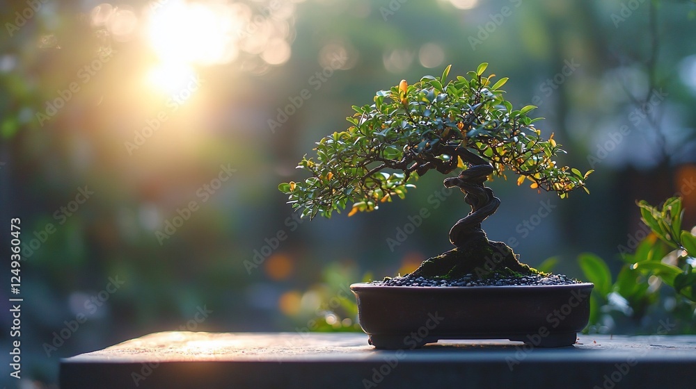 Sunrise illuminates a small bonsai tree in a brown pot on a wooden table.