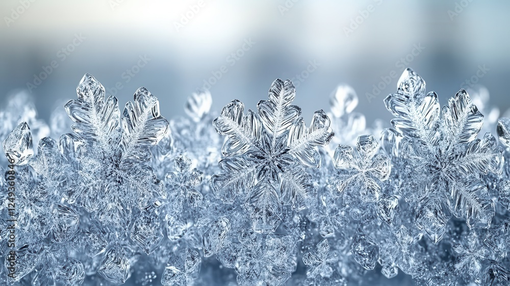 Close-up of intricate snowflakes on snowy surface, winter background, nature photography Close-up of intricate snowflakes on snowy surface, winter background, nature photography