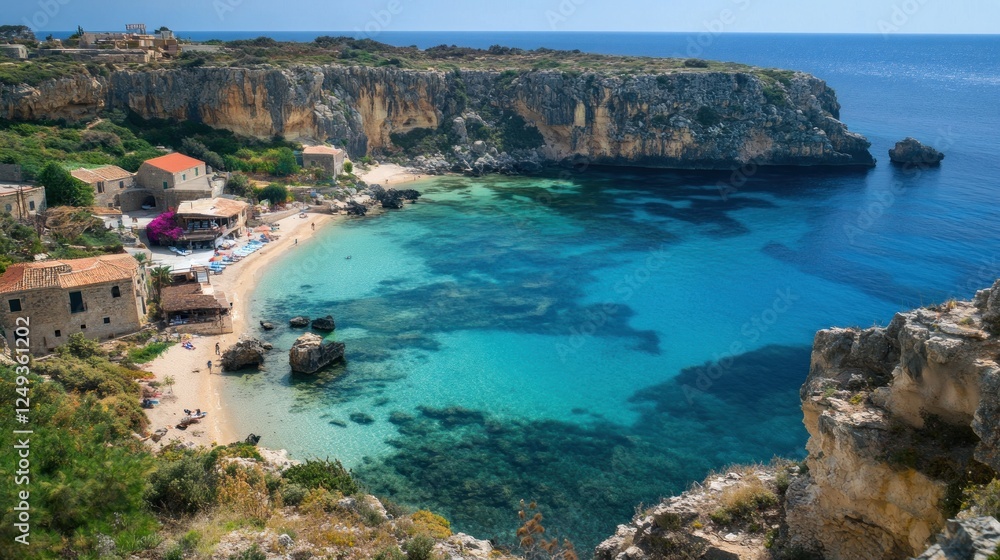 Scenic coastal view featuring clear waters, cliffs, and a serene beach. Scenic coastal view featuring clear waters, cliffs, and a serene beach.