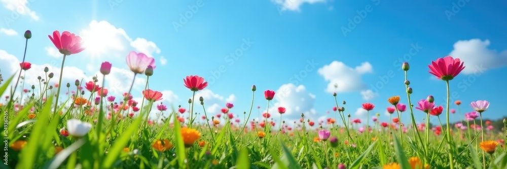 Aubrieta flowers in the grass against bright blue sky, flowers, aubrieta, landscape Aubrieta flowers in the grass against bright blue sky, flowers, aubrieta, landscape