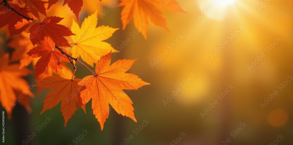Autumnal scene with orange maple leaves against soft focus background, yellow, foliage, bokeh Autumnal scene with orange maple leaves against soft focus background, yellow, foliage, bokeh
