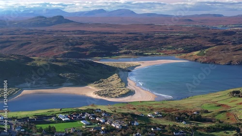 Sandy beach at the mouth of the River Naver near Bettyhill and Invernaver, Torrisdale bay, Sutherland, Scottish Highlands, Scotland, UK