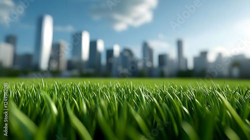 A lush green grass foreground with a blurred city skyline in the background, representing urban nature. photo