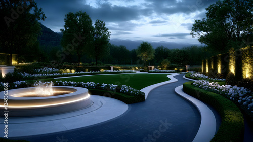 A serene evening garden view featuring illuminated pathways, lush greenery, and a tranquil fountain under the twilight sky. photo