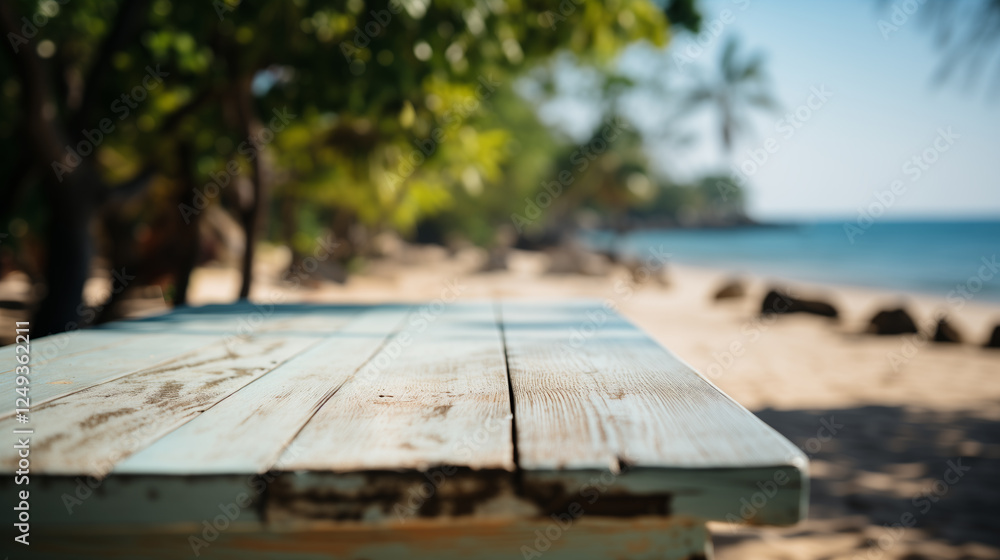 Detail view of old wooden planks of a beach table with remnants of blue paint and sand, with a picturesque coastline and ocean Detail view of old wooden planks of a beach table with remnants of blue paint and sand, with a picturesque coastline and ocean