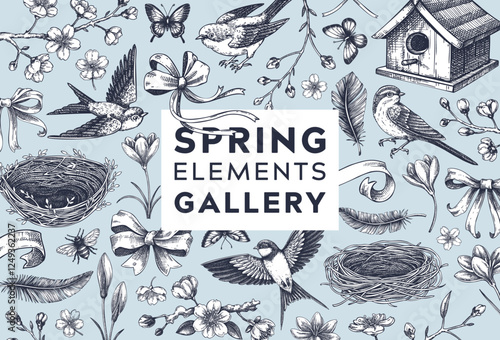 Hand-drawn spring background. Flying bird, sakura flower, birdhouse, bow, ribbon sketches. Easter vector illustrations. Vintage baroque frame design. NOT AI generated