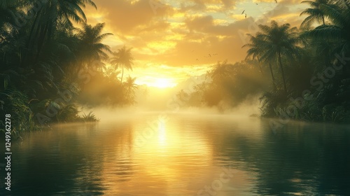Fototapeta Naklejka Na Ścianę i Meble -  Tropical sunset river, misty palms, serene landscape, travel brochure