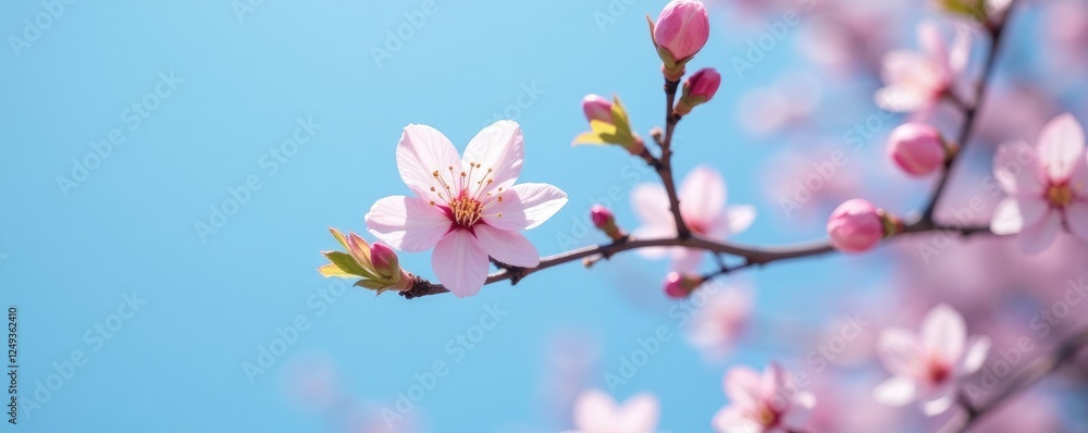 Delicate cherry blossoms sprout from a slender branch amidst a clear blue sky, foliage, blossom, spring Delicate cherry blossoms sprout from a slender branch amidst a clear blue sky, foliage, blossom, spring