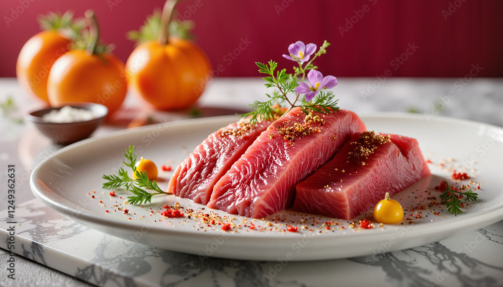Elegant serving of salo with garnish on marble platter, culinary art Elegant serving of salo with garnish on marble platter, culinary art