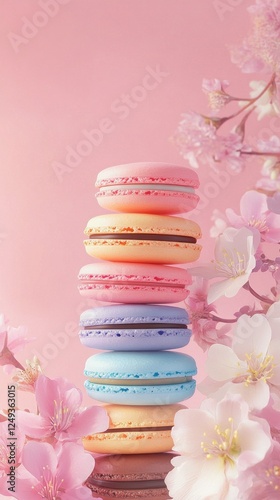 A delightful arrangement of glossy macarons in pastel colors is artistically stacked against a soft pink background, embellished with charming flowers to create an inviting aesthetic photo