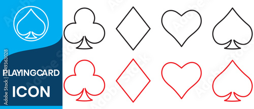 Card suit icons vector, clubs diamonds hearts spades icons, Casino Poker and gambling graphic elements, Outline icon, red, black. Playing Cards icons isolated on white background. Vector illustration.