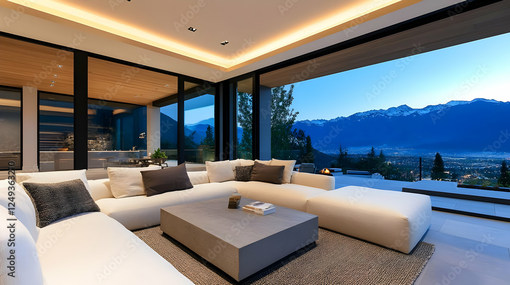 Fototapeta premium Modern living room with panoramic mountain view, creating a serene and stylish atmosphere for relaxation.