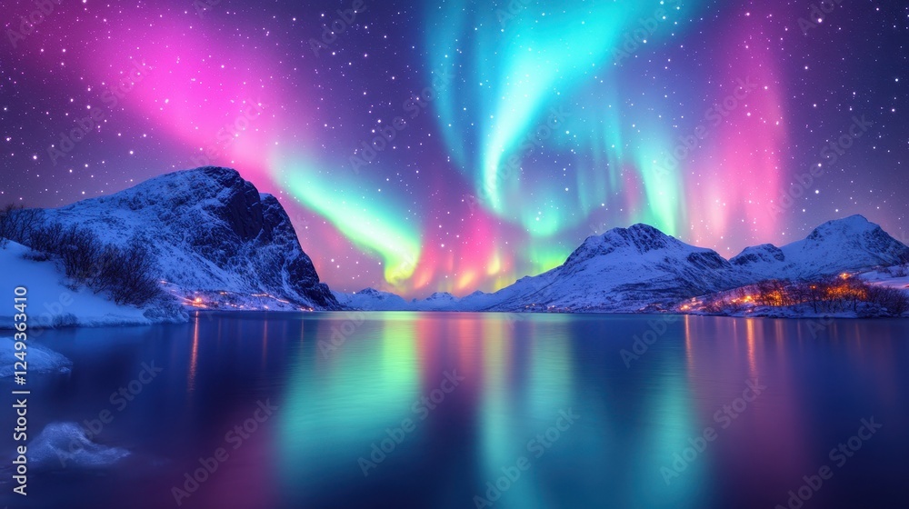Naklejka premium Aurora borealis over snowy mountains, reflecting in calm water, village lights