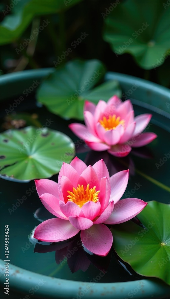 Delicate Lotus flowers floated in the tub of water, tub, plants Delicate Lotus flowers floated in the tub of water, tub, plants