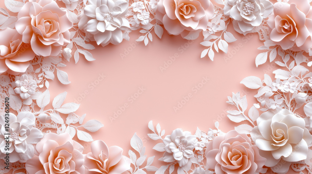 Delicate floral lace pattern with pastel pink roses and leaves Delicate floral lace pattern with pastel pink roses and leaves