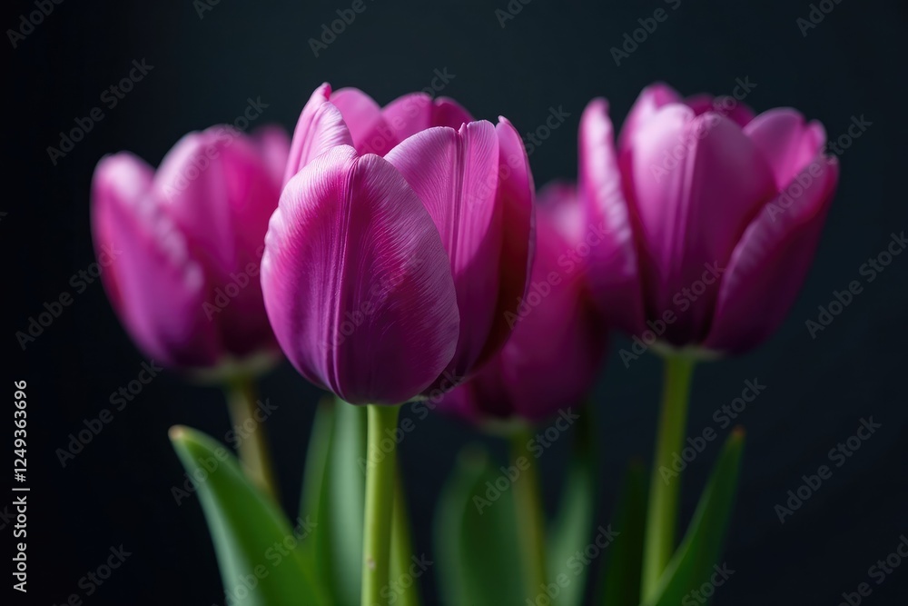 Delicate petals of purple tulips unfold against a dark, glossy background, spring blooms, sophistication, purple tulips Delicate petals of purple tulips unfold against a dark, glossy background, spring blooms, sophistication, purple tulips