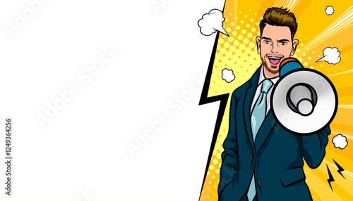 Business man with loudspeaker megaphone announcing discount or sale Special offer shopping time