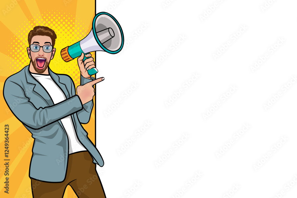Business man with loudspeaker megaphone announcing discount or sale Special offer shopping time Business man with loudspeaker megaphone announcing discount or sale Special offer shopping time