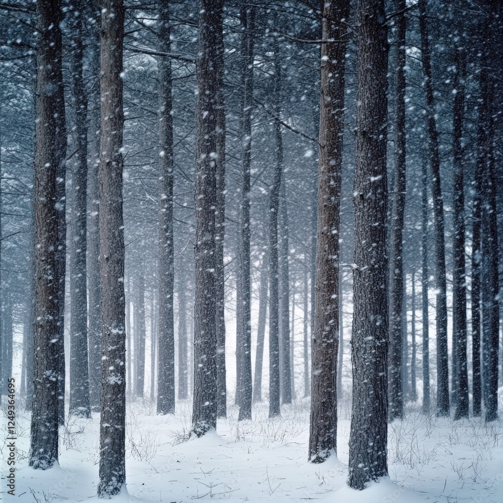 Fototapeta premium A snowy forest with trees covered in snow