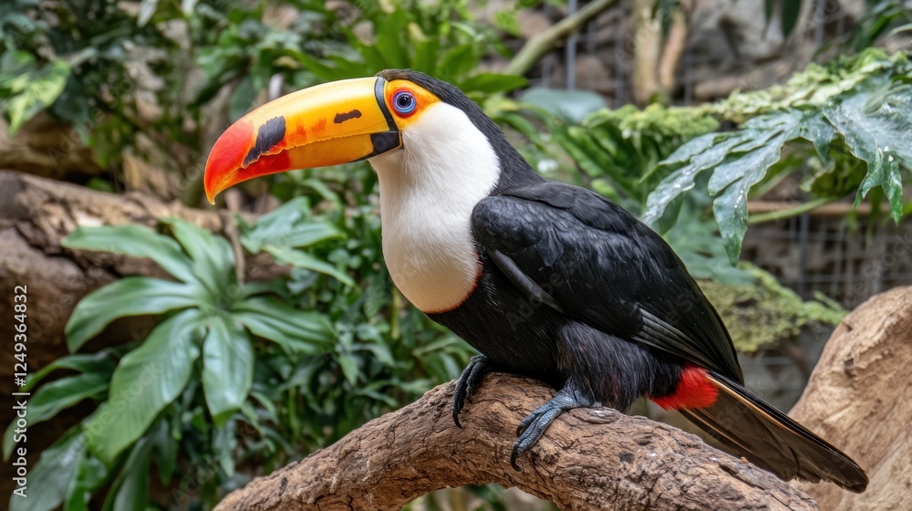 Obraz premium Vibrant toucan perched on a branch amidst lush greenery in a tropical environment