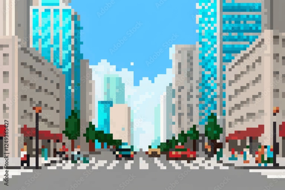 Fototapeta premium Pixel art cityscape with skyscrapers and blue sky.