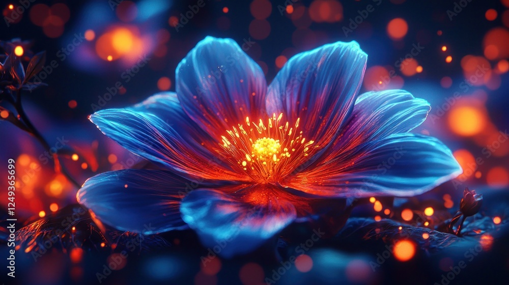 Fototapeta premium Mystical glowing flower in vibrant dark garden