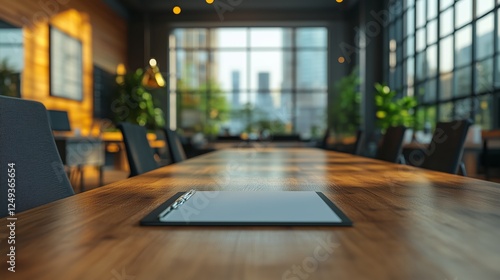 Modern workspace with large wooden table and city skyline view during late af...