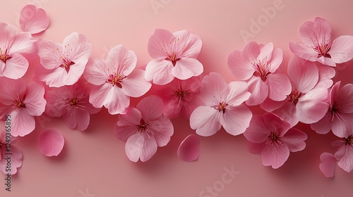 Beautiful pink cherry blossom flowers arranged on a light pink background for...