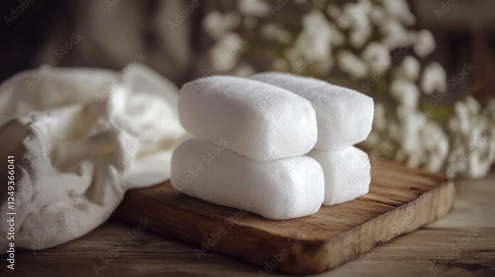 Stacked white towels with flowers on a wooden table Stacked white towels with flowers on a wooden table