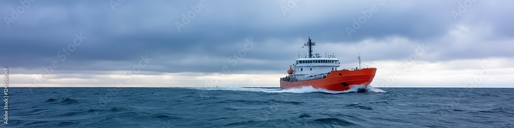 A large orange boat is sailing in the ocean. The sky is cloudy and the water is choppy A large orange boat is sailing in the ocean. The sky is cloudy and the water is choppy